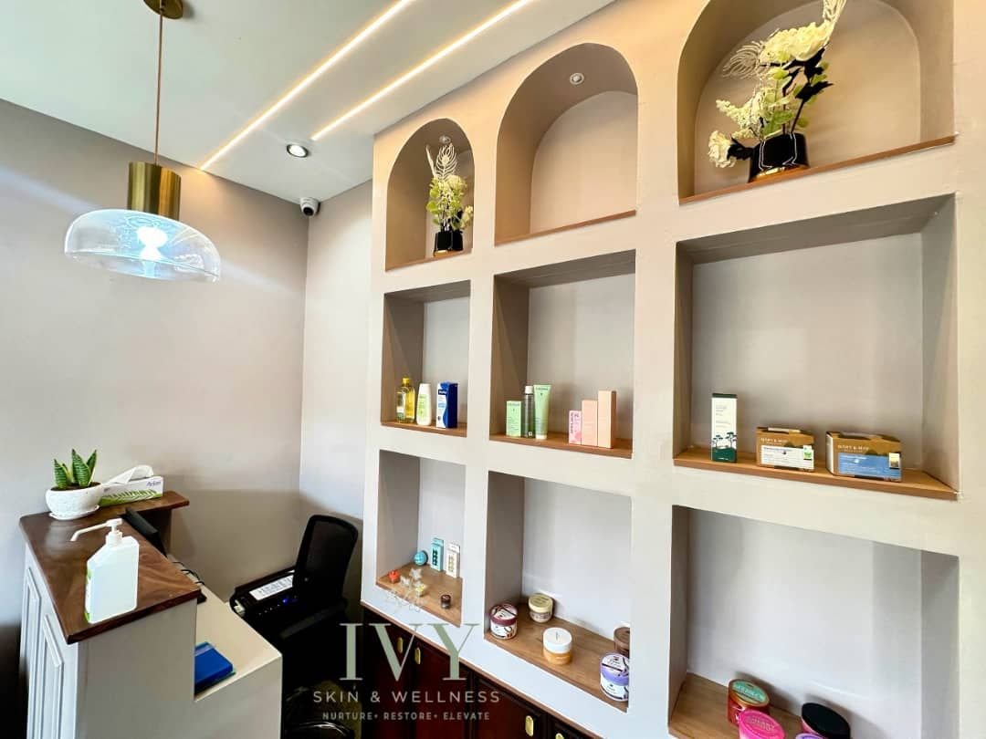 IVY reception lounge with skincare products